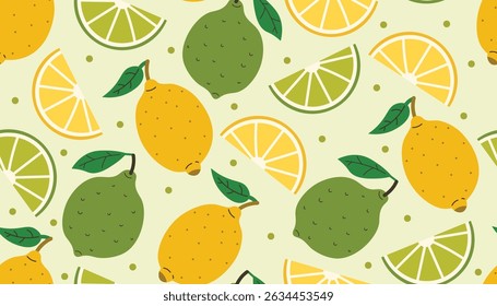 Fresh and colorful seamless pattern with whole lemons and limes, slices, green leaves and dots. Vibrant flat cartoon style perfect for summer, citrus themes, packaging, and cheerful designs.