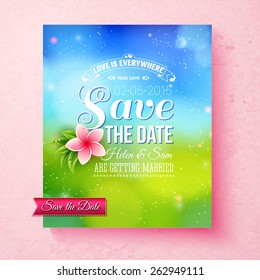 Guardar La Plantilla de novia de la fecha con el texto blanco editable y una flor de frangipani rosada sobre un prado verde con la luz brillante del sol y un cielo azul, Ilustración vectorial