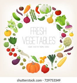 Fresh colorful vegetables arranged in circle. Vector illustration. 