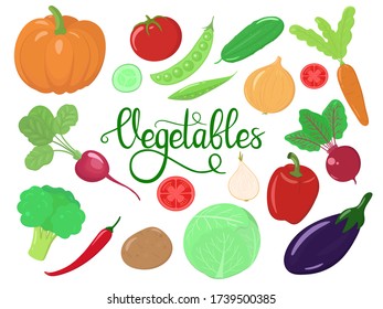 Conjunto vectorial de verduras frescas y coloridas. Productos orgánicos para vegetarianos y veganos. El concepto de alimentos saludables y saludables. Ilustración de dibujos animados con iconos aislados. Diseño para afiches, pancartas. 