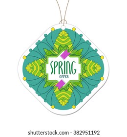 Fresh colors spring offer tag. Spring floral frame design for shopping business promo. Modern linear hand drawn banner. Fashion label for new collection presentation. Bright colorfull illustration