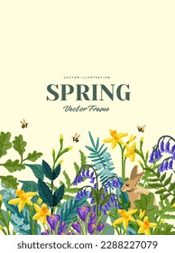 Fresh and colourful Spring flowers with bumblebees. Floral background vector illustration.