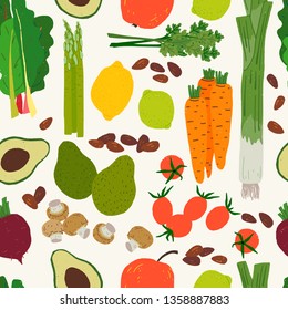 Fresh colourful vegetables, greenery, mushrooms and almond seamless pattern. Cartoon flat style wallpaper with vegetarian food. Juicy and appetizing plant-based nutrition theme for background, texture