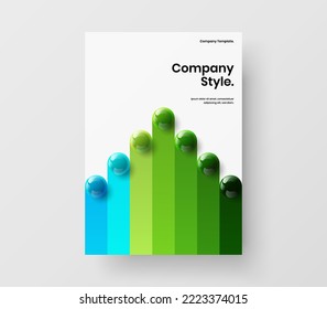 Fresh company brochure A4 design vector concept. Original realistic balls magazine cover template.