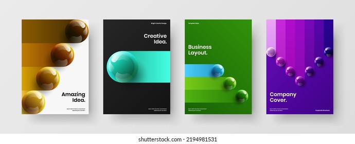 Fresh company brochure A4 vector design template composition. Amazing 3D balls placard illustration collection.
