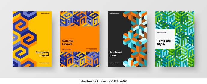 Fresh company brochure A4 vector design template bundle. Unique geometric shapes pamphlet illustration collection.