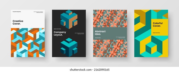 Fresh company identity A4 design vector layout set. Multicolored mosaic pattern front page illustration composition.