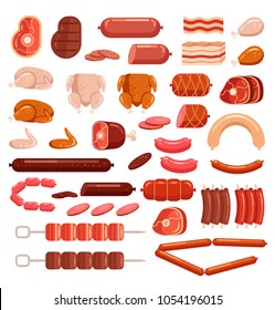 Fresh And Cooked Chicken Pork And Cow Beef Meat Cut Sliced Sausage Supermarket Assortment Product Elements Collection Isolated Icon. Gastronomy Grocery Bacon Steak Leg Concept. Vector Flat Cartoon