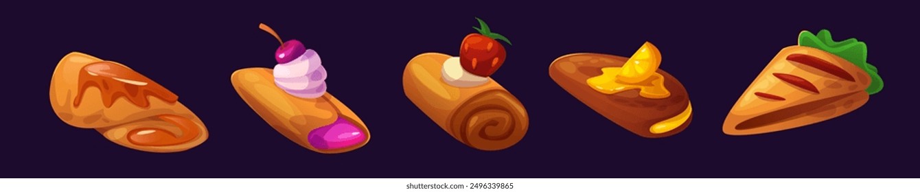 Fresh cooked crepe with topping for breakfast. French pancake with syrup and cream, berries and orange. Sweet baked dessert food. Cartoon vector illustration set of biscuit with sauce and fruits.