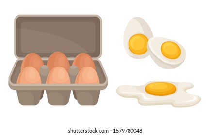 Fresh and Cooked Eggs Set, Eggs in Cardboard Box, Healthy Organic Food Vector Illustration
