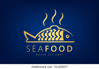 Fresh cooked fish logo on a tray vector.