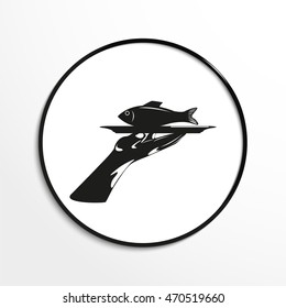 Fresh cooked fish on a tray. Vector illustration. Black and white view.