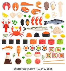 Fresh cooked sea fish lobster crab squid mollusks mussels slices tuna salmon sushi oyster food ocean marine flat isolated icon set collection. Market meal ingredient culinary concept. Vector flat 