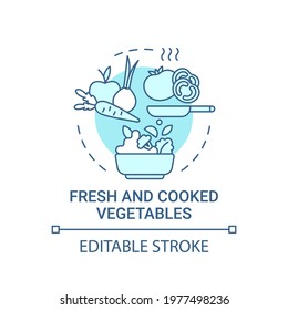 Fresh and cooked vegetables concept icon. Natural grown meals. Vegetarian snacks during school lunch idea thin line illustration. Vector isolated outline RGB color drawing. Editable stroke