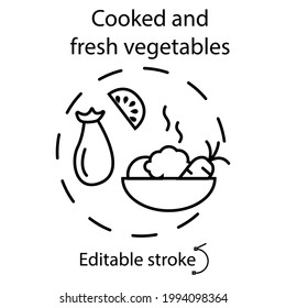 Icono de concepto de esquema de verduras frescas y cocinadas. Comida escolar. Lunchbox. Programa de alimentación saludable