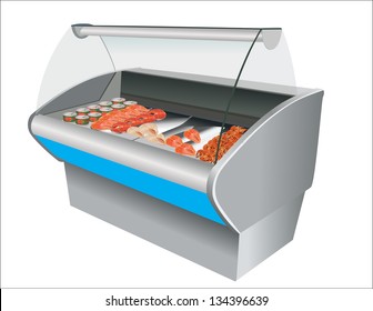 Fresh cool fish shrimp and caviar in refrigerator in a shop