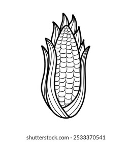 Fresh corn in black and white isolated element. Farm vegetable in outline for farm market design. Organic healthy food clipart. Vector illustration