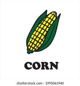 Fresh corn cob isolated on white background. Corn icon for market, recipe design. Organic food. Cartoon style. Vector illustration for design.
