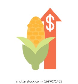 fresh corn market up arrow money, rising food prices, flat style icon vector illustration