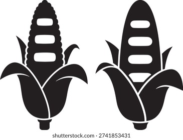 Fresh corn on the cob icons black and white stylized drawing agriculture food