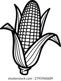 Fresh Corn on the Cob with Shucks | Outline Line Art Coloring Page for Kids and Adults | Printable Educational Activity Sheet and Farm-to-Table Vegetable Illustration | Isolated Vector.eps