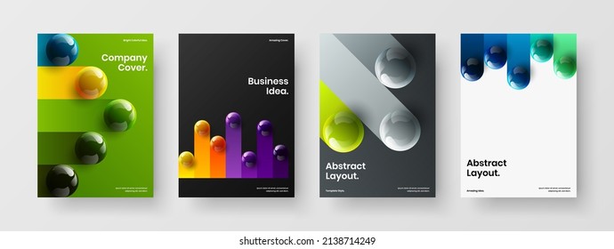 Fresh corporate identity A4 design vector illustration composition. Geometric 3D balls magazine cover concept collection.