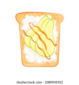 Fresh cottage cheese and avocado on slice of toasted bread. Tasty and healthy snack. Colorful flat vector icon