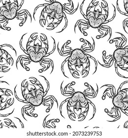 Fresh crabs seamless vector pattern. Hand drawn doodle. Sketch of seafood delicacies. Outline ocean animals. Black and white template for decoration, design of the menu, restaurant, cafe, printing