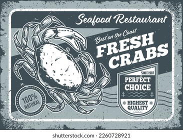 Fresh crabs vintage flyer monochrome for cafes and restaurants with seafood menu and delicious delicacies from ocean vector illustration