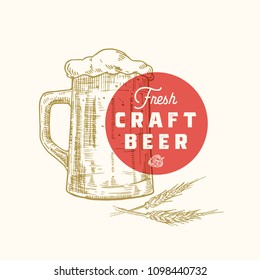 Fresh Craft Beer Abstract Vector Sign, Symbol or Logo Template. Hand Drawn Retro Beer Mug, Hops and Classic Typography. Vintage Beer Emblem or Label. Isolated.