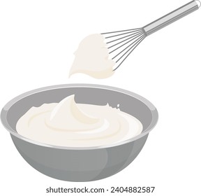 Fresh cream in a bowl and whisk