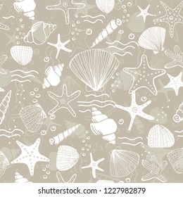 Fresh creative abstract marine seamless pattern. Sea life background with corals, sea star, shells and bubbles. Hand drawn vector illustration for textile and other print
