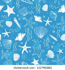 Fresh creative abstract marine seamless pattern. Sea life background with corals, sea star, shells and bubbles. Hand drawn vector illustration for textile and other print