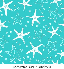 Fresh creative abstract marine seamless pattern. Sea life background with corals, sea star, shells and bubbles. Hand drawn vector illustration for textile and other print