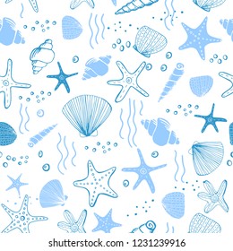 Fresh creative abstract marine seamless pattern. Sea life background with corals, sea star, shells and bubbles. Hand drawn vector illustration for textile and other print