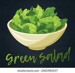 Fresh Crisp Vector Salad Illustration. Bowl of green salad leaves on a dark chalkboard background. Health-conscious icon emphasizes the freshness and simplicity of healthy green foods