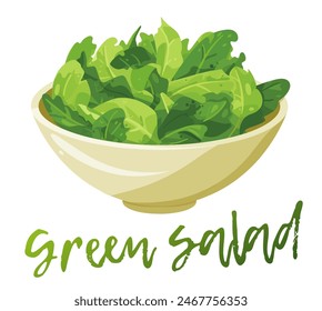 Ilustración fresca de la ensalada de Vector crujiente aislada sobre fondo blanco. Tazón de hojas de ensalada verde. Icono consciente de la salud enfatiza la frescura y simplicidad de los alimentos verdes saludables