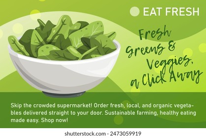 Fresh Crisp Vector Salad Illustration. Bowl of green salad leaves. Health-conscious icon emphasizes the freshness and simplicity of healthy green foods. Use it to represent vegetarian or vegan options