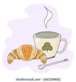 Fresh crispy croissant with cup of tea or coffee with spoon. Сlover leaf on cup. Pastel colors. Morning breakfast illustration
