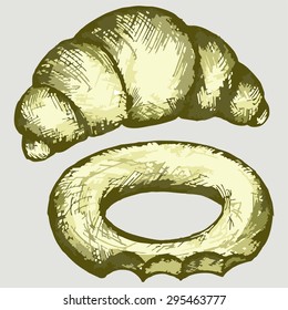 Fresh croissant and bagel. Vector Image