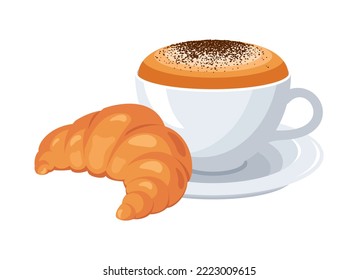 Fresh croissant and cappuccino with milk foam icon vector. Butter croissant and coffee cup vector isolated on a white background. White mug cappuccino and sweet pastry drawing