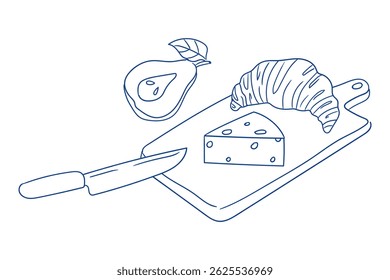 Fresh croissant, cheese, and pear on a wooden cutting board in a cozy kitchen
