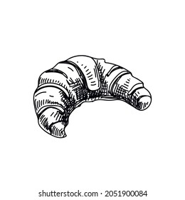 Fresh croissant hand drawn black and white vector illustration. Retro fancy bread sketch. Baking, pastry monochrome design element. Vintage baked product isolated on white background
