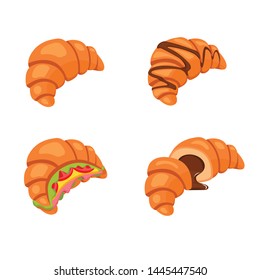 Fresh croissant with hot chocolate, sliced croissant with chocolate, croissant sandwiches, croissant icon. Vector illustration.