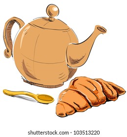 Fresh croissant and kettle. Colorful sketch vector illustration