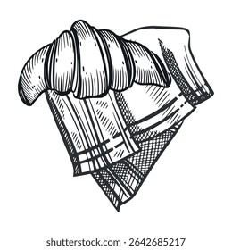 Croissant fresco em um guardanapo de pano, bolos caseiros. Todos os objetos são desenhados à mão em vetor. A ilustração é adequada para impressão nas ementas de pastelarias e padarias, nas embalagens de alimentos.