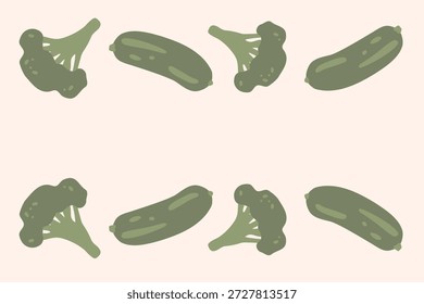 Pepino fresco e brócolis, ilustração vetorial, vegetais orgânicos saudáveis para banners e web design