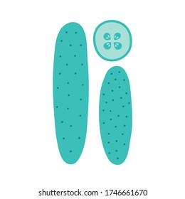 Nuevo concepto de pepino, entero y rebanado al estilo de las caricaturas planas. Elementos gráficos dibujados a mano de comida orgánica vegetariana. Ilustración vectorial sobre fondo blanco aislado.
