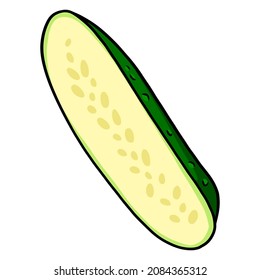 Fresh cucumber. Cut half a cucumber. Ingredient for the kitchen. Cartoon style. Vector illustration for design and decoration.