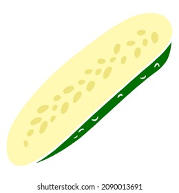 Fresh cucumber. Cut half a cucumber. Ingredient for the kitchen. Cartoon style. Vector illustration for design and decoration.